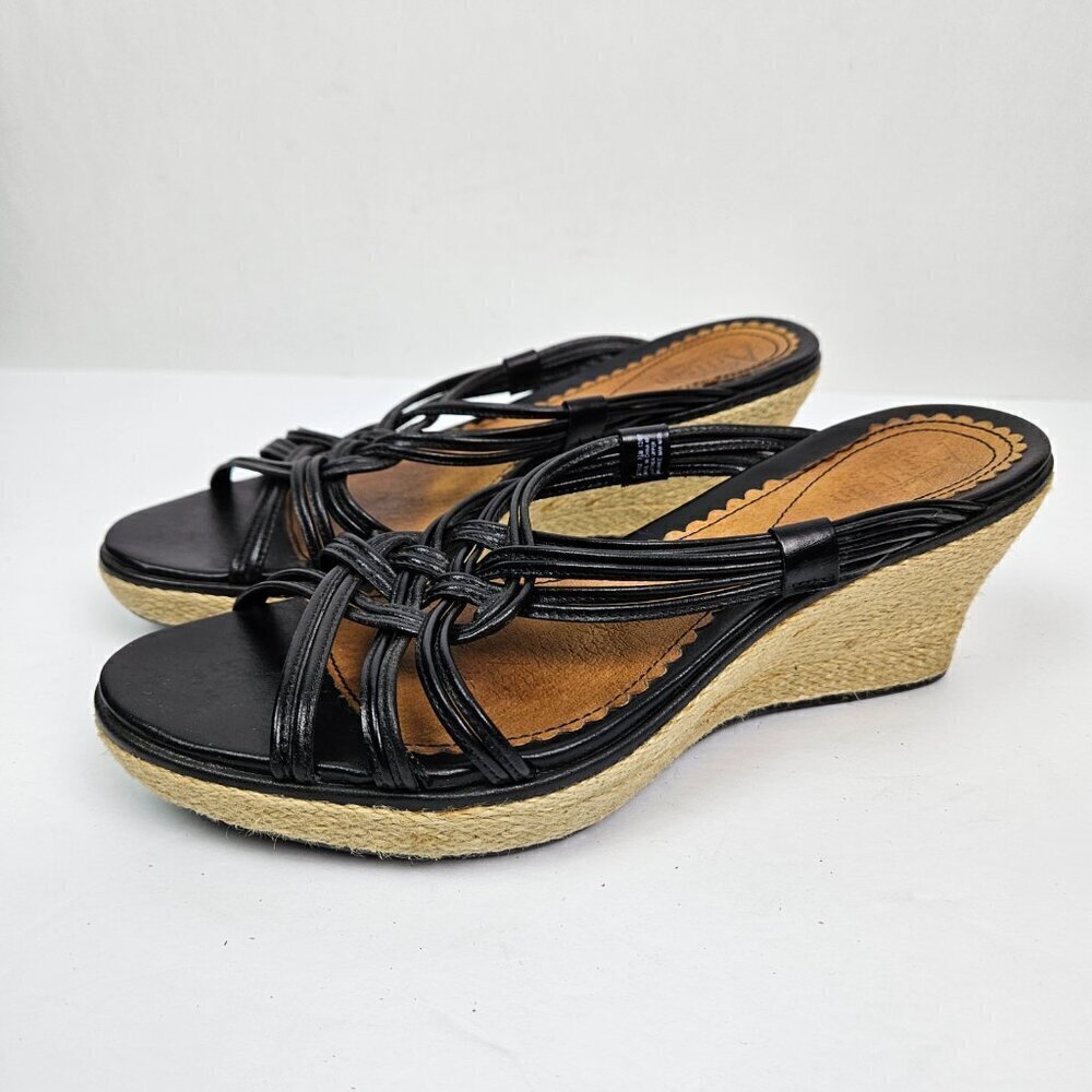 Clarks Artisan Black Leather Strappy Braided Espadrille Wedge Platform Sandal - Picture 7 of 12